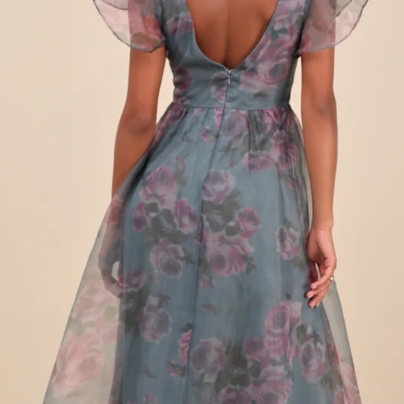 Lulus Mesmerizing Mood Slate Floral Organza Ruffled A-line Midi Dress Grey - Picture 3 of 5